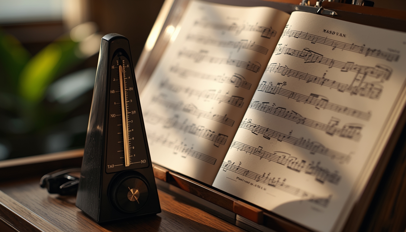 Close-up of a metronome next to open sheet music on a wooden music stand