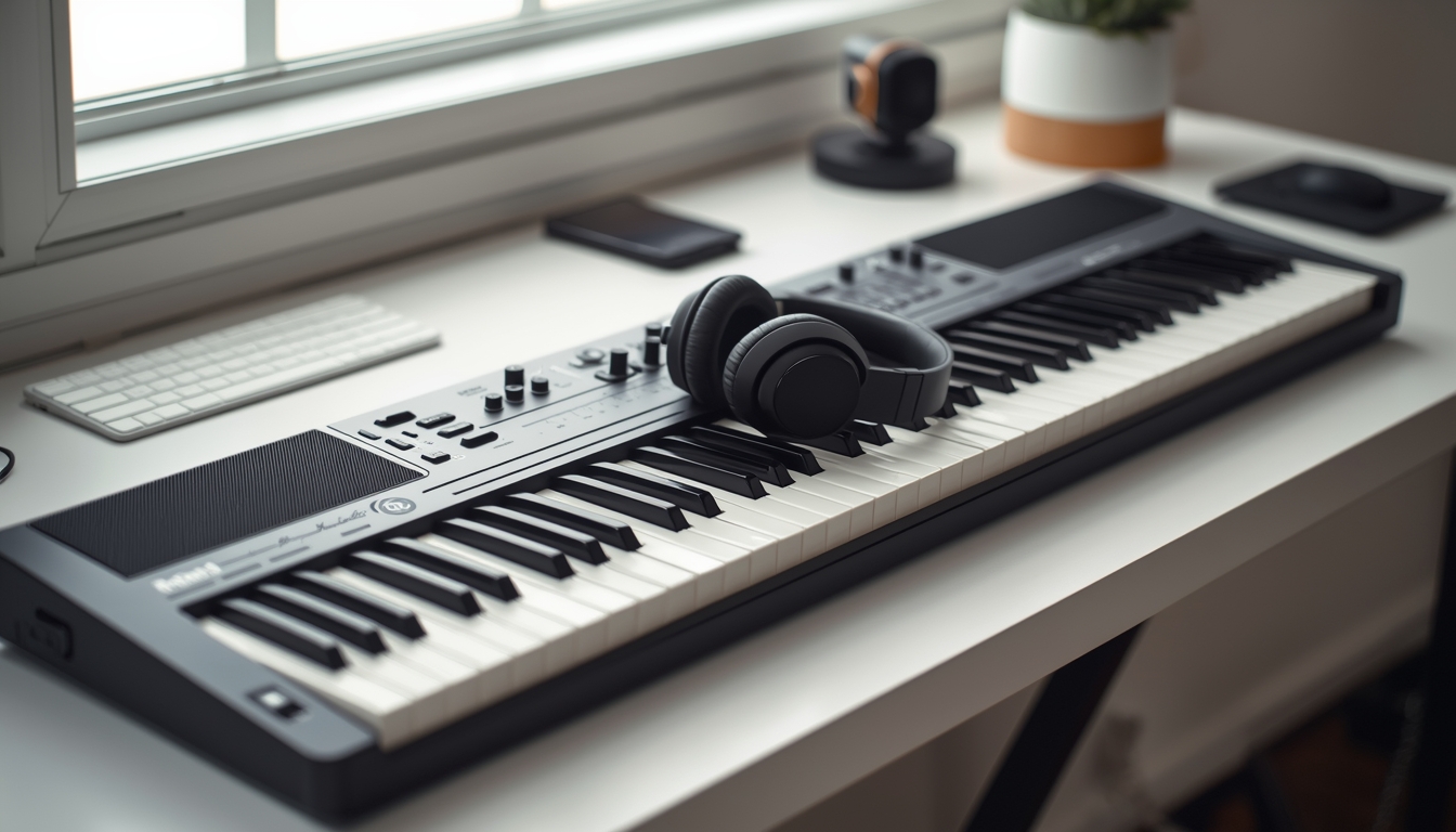 Digital piano keyboard on a clean desk at home with headphones resting on the keys