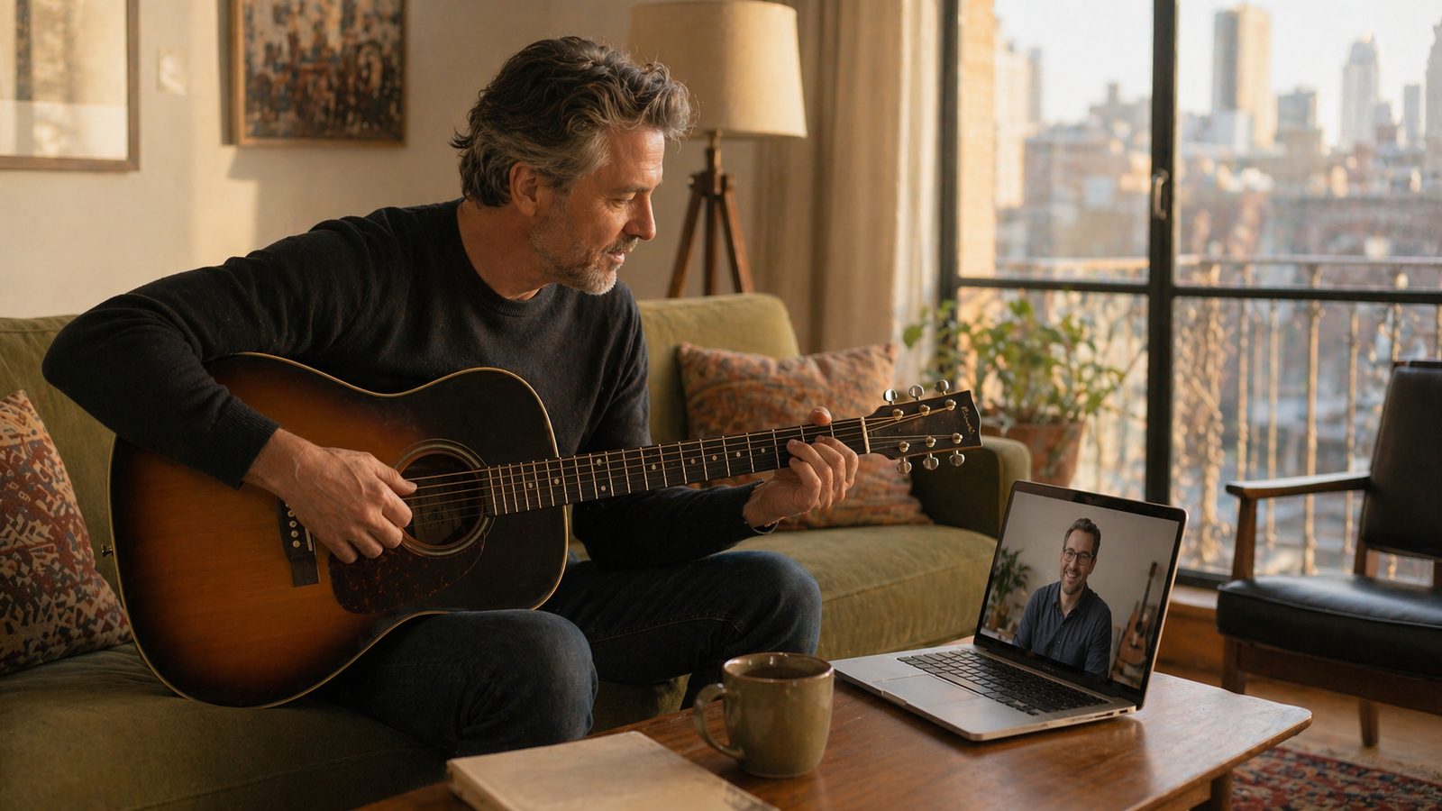 Adult playing acoustic guitar at home as a calming end-of-day routine