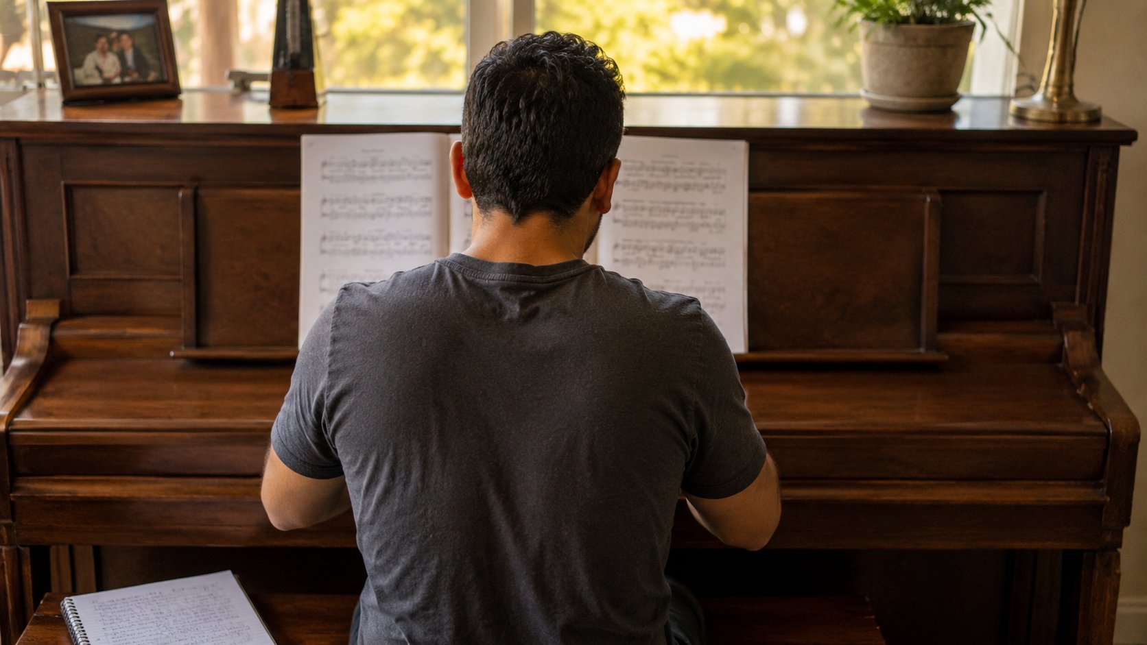 Adult practicing piano alone at home with sheet music and a practice notebook