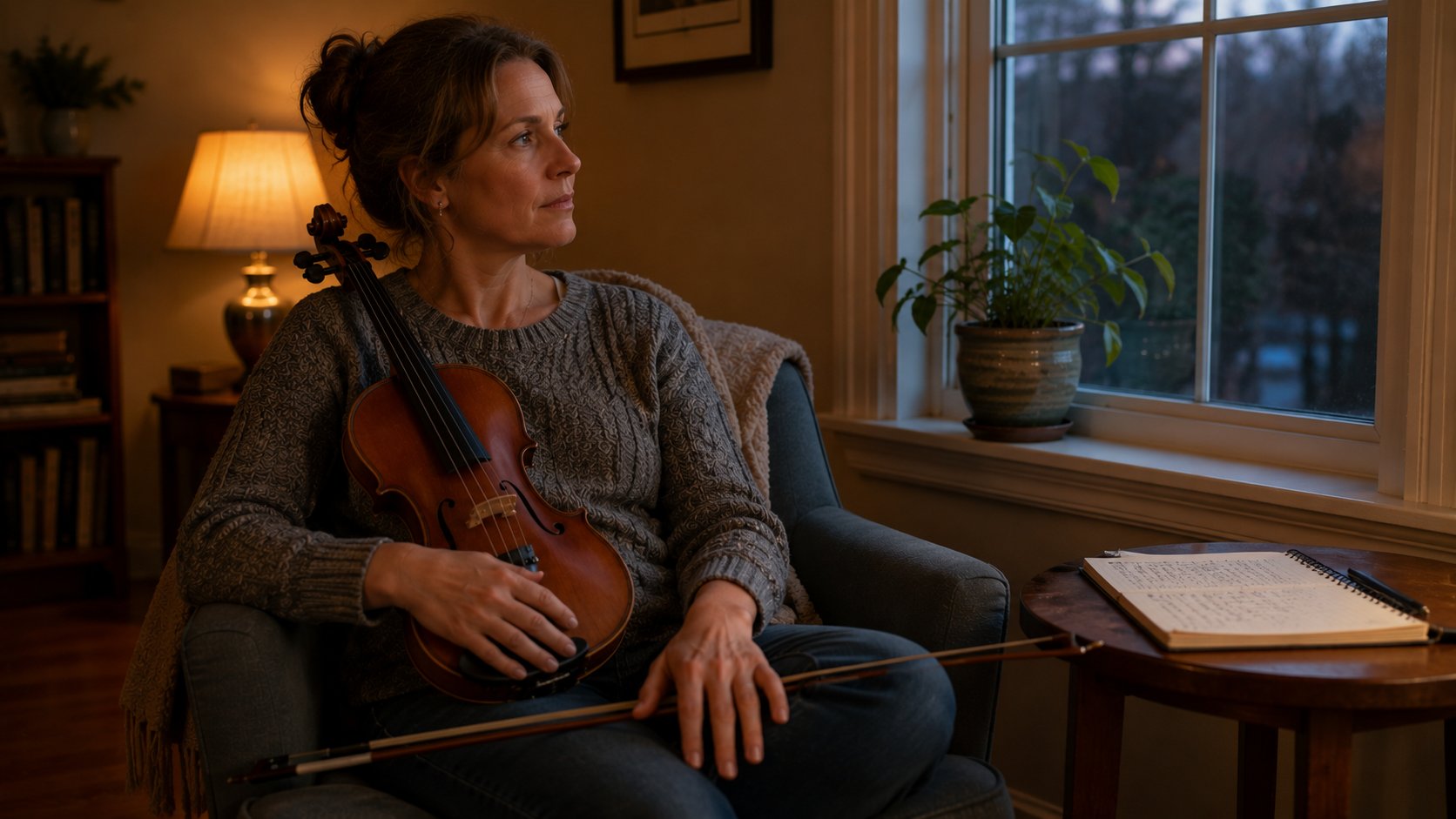 Adult musician taking a thoughtful moment with their violin resting in their lap
