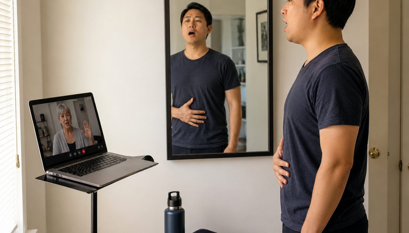 Adult singer working on vocal technique in front of a mirror at home