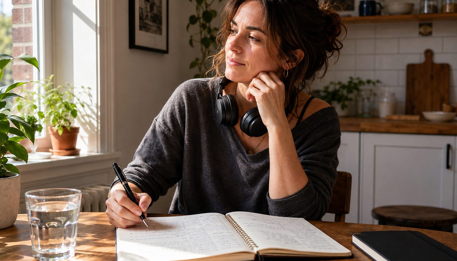 Adult voice student tracking progress in a personal practice journal