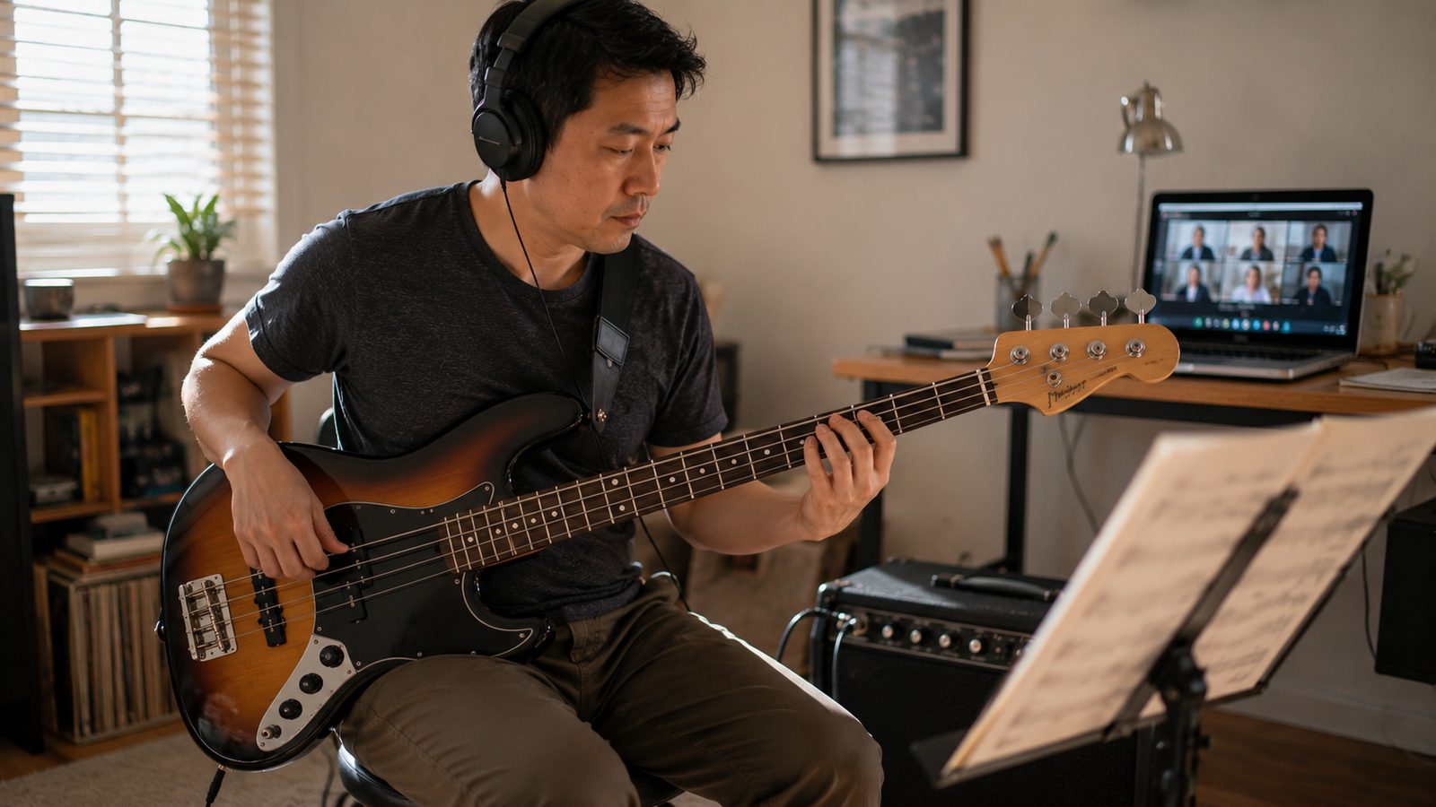 East Asian man in his late 30s playing electric bass guitar with headphones during a home online lesson