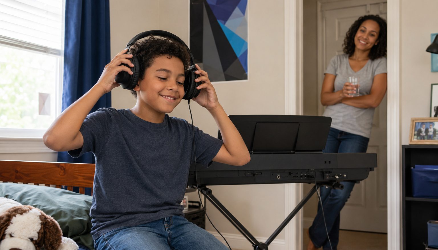 Child engaged with music learning at home in a supportive environment