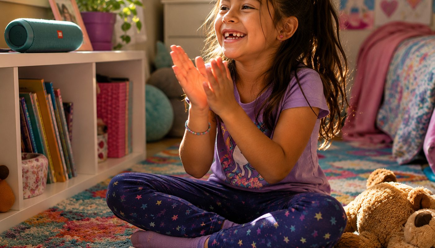 Young child smiling and engaged during a music lesson