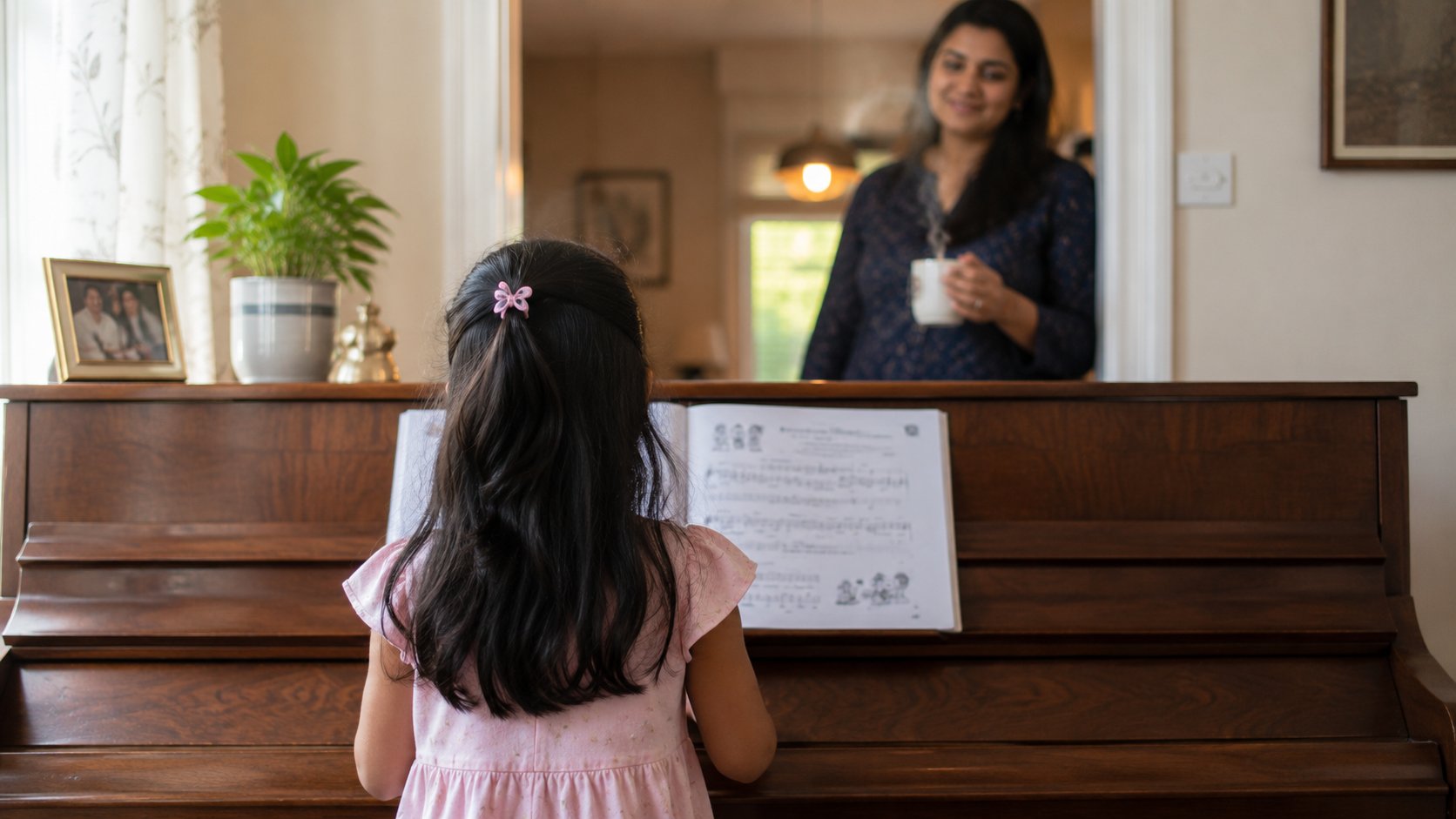 Young child at an upright piano at home with a parent watching from the doorway