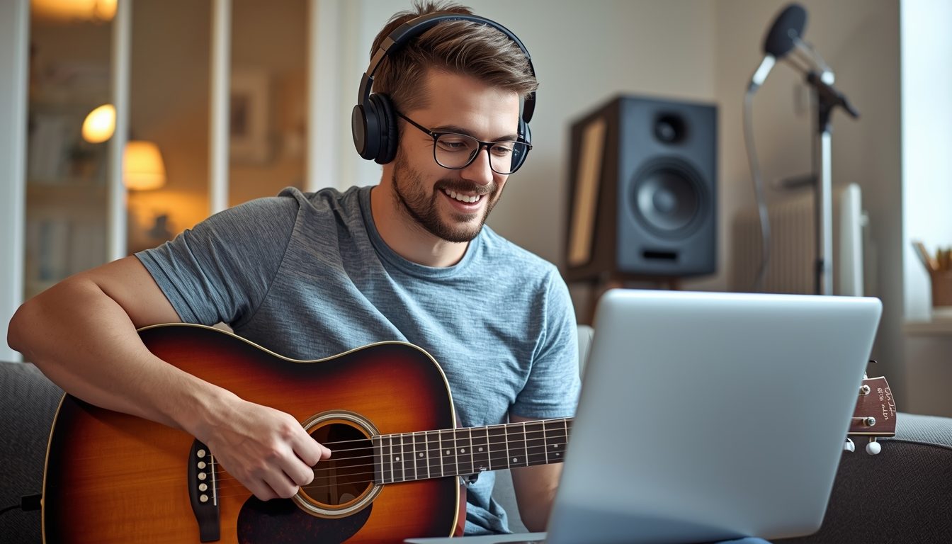 Adult man with headphones playing guitar during an online music lesson on a laptop