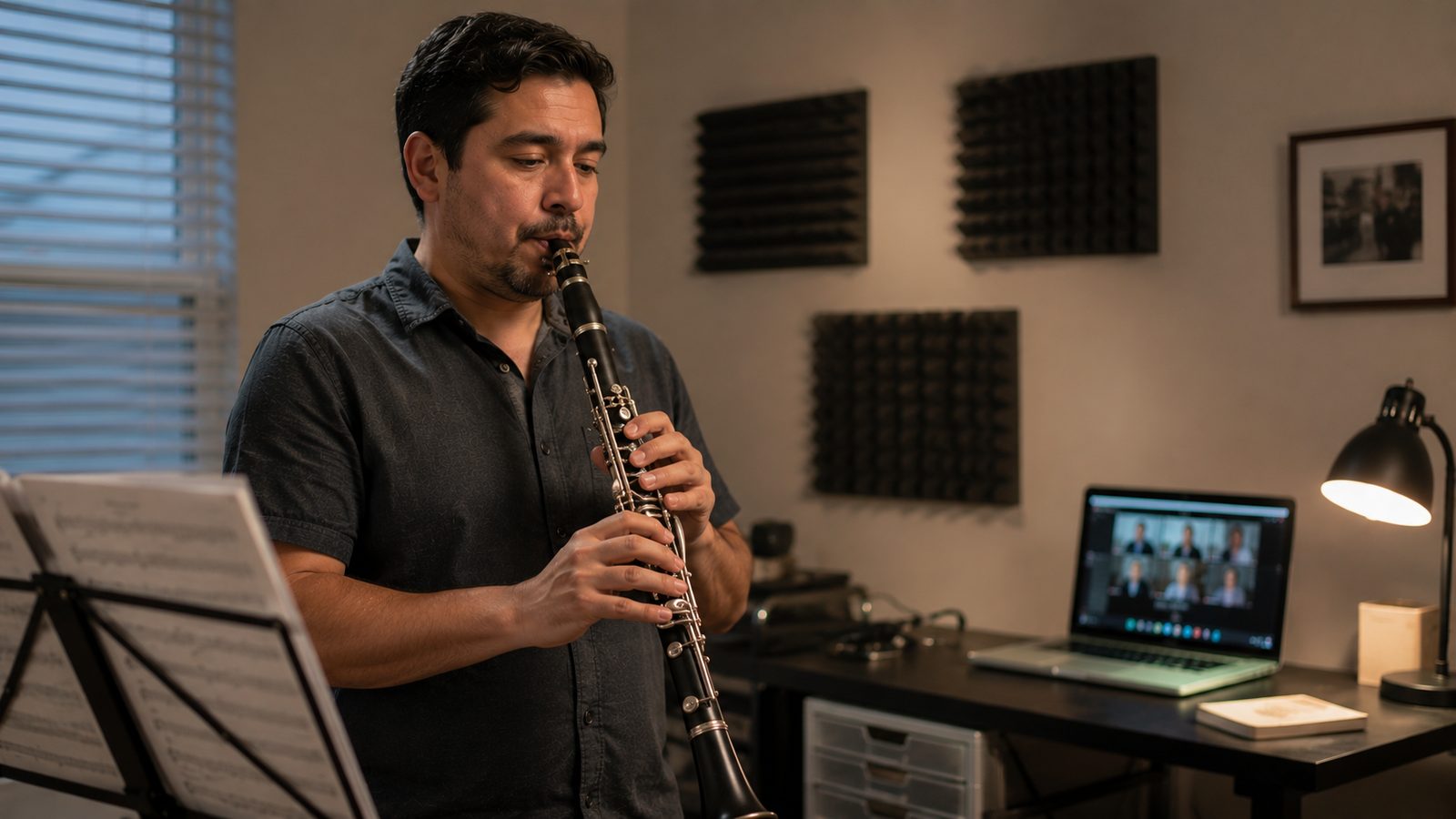 Latino man in his early 40s playing clarinet in his home studio with acoustic panels on the wall
