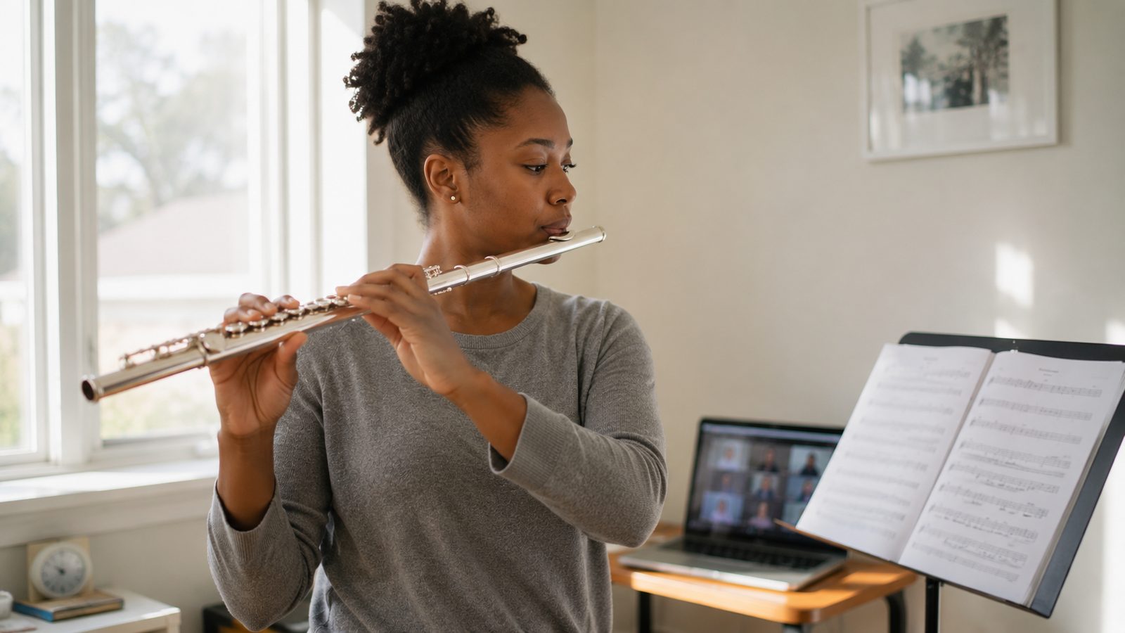 Black woman in her early 30s playing concert flute in her bright home practice space