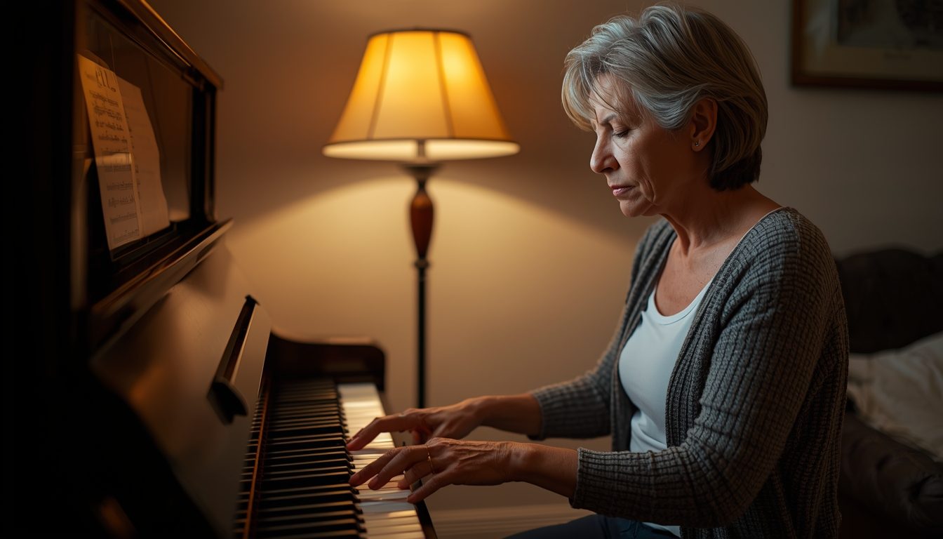 Middle-aged woman practicing piano alone in a quiet room with warm lamp light