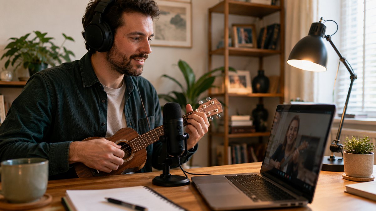 Student playing ukulele during an online music lesson with laptop, headphones, and mic