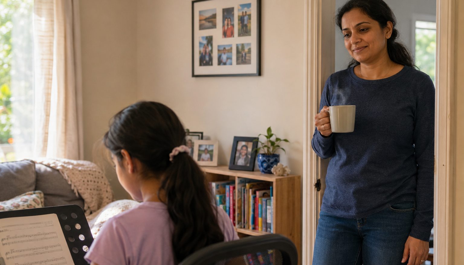 Parent quietly supporting their child during home music practice