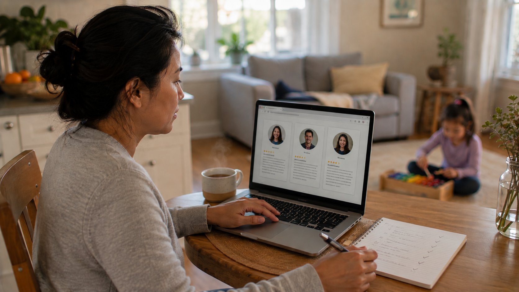 Parent at a kitchen table reviewing music teacher profiles on a laptop