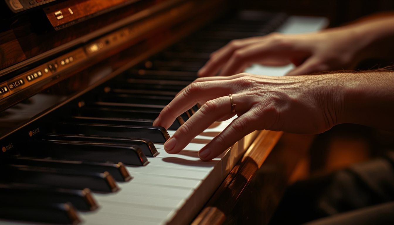 Close-up of adult hands on piano keys with fingers curved correctly in warm studio light