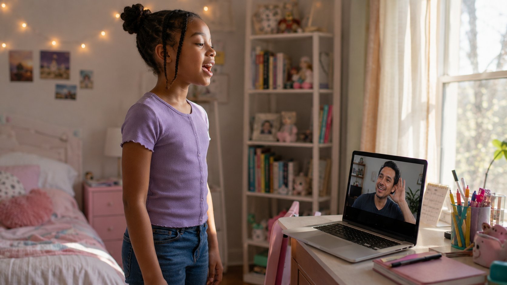 Preteen child singing in their bedroom during an online voice lesson
