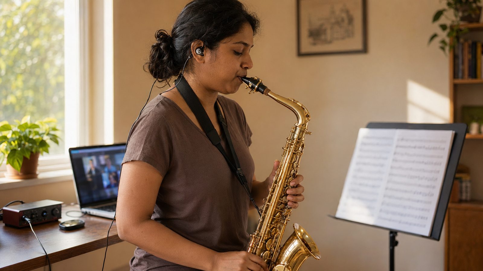 South Asian woman in her late 20s playing alto saxophone in a sunlit home music room during an online lesson