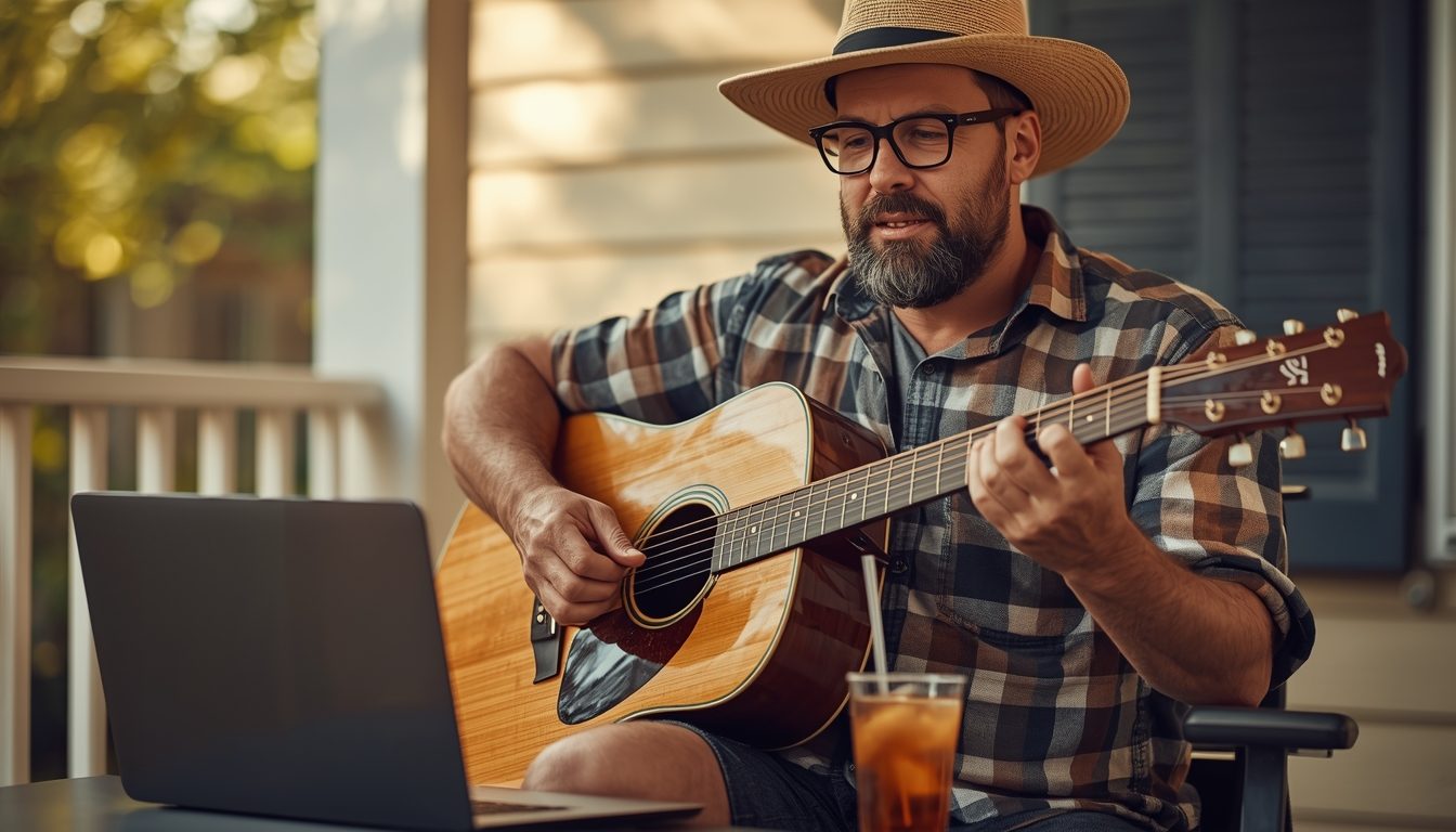 Adult playing guitar on a sunny porch during an online summer lesson