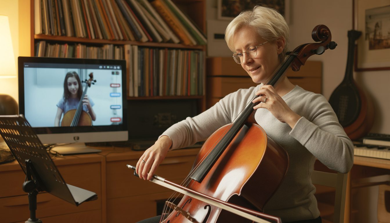 Online cello teacher giving a lesson in a cozy home room