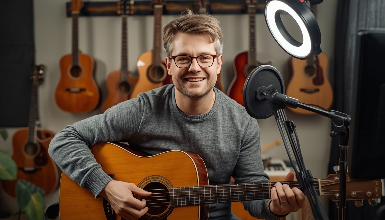 Online guitar teacher in a home studio during a video lesson