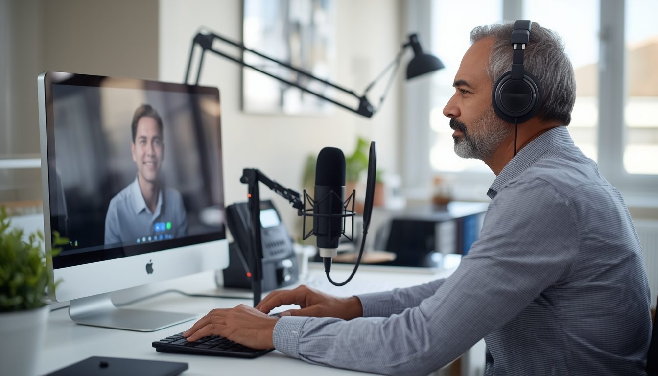 Online voice teacher giving a lesson from a home office with monitor and microphone