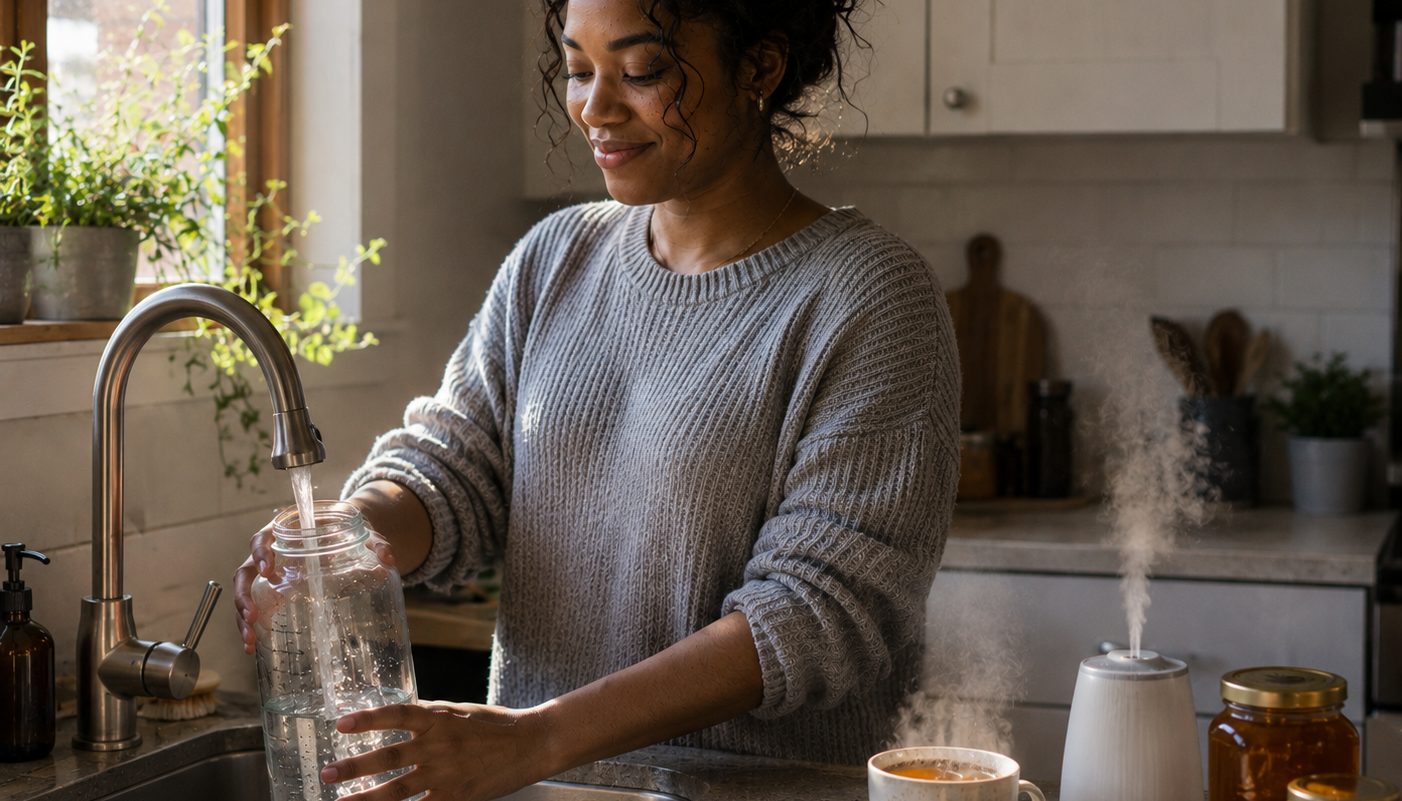 Singer staying hydrated and warming up as part of a daily vocal-health routine