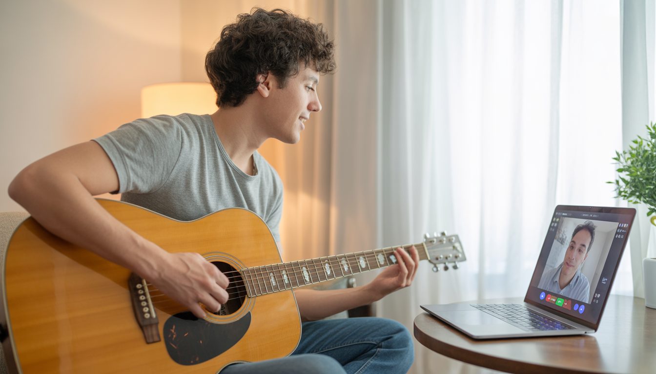 Young adult man taking an online guitar lesson at home with an acoustic guitar