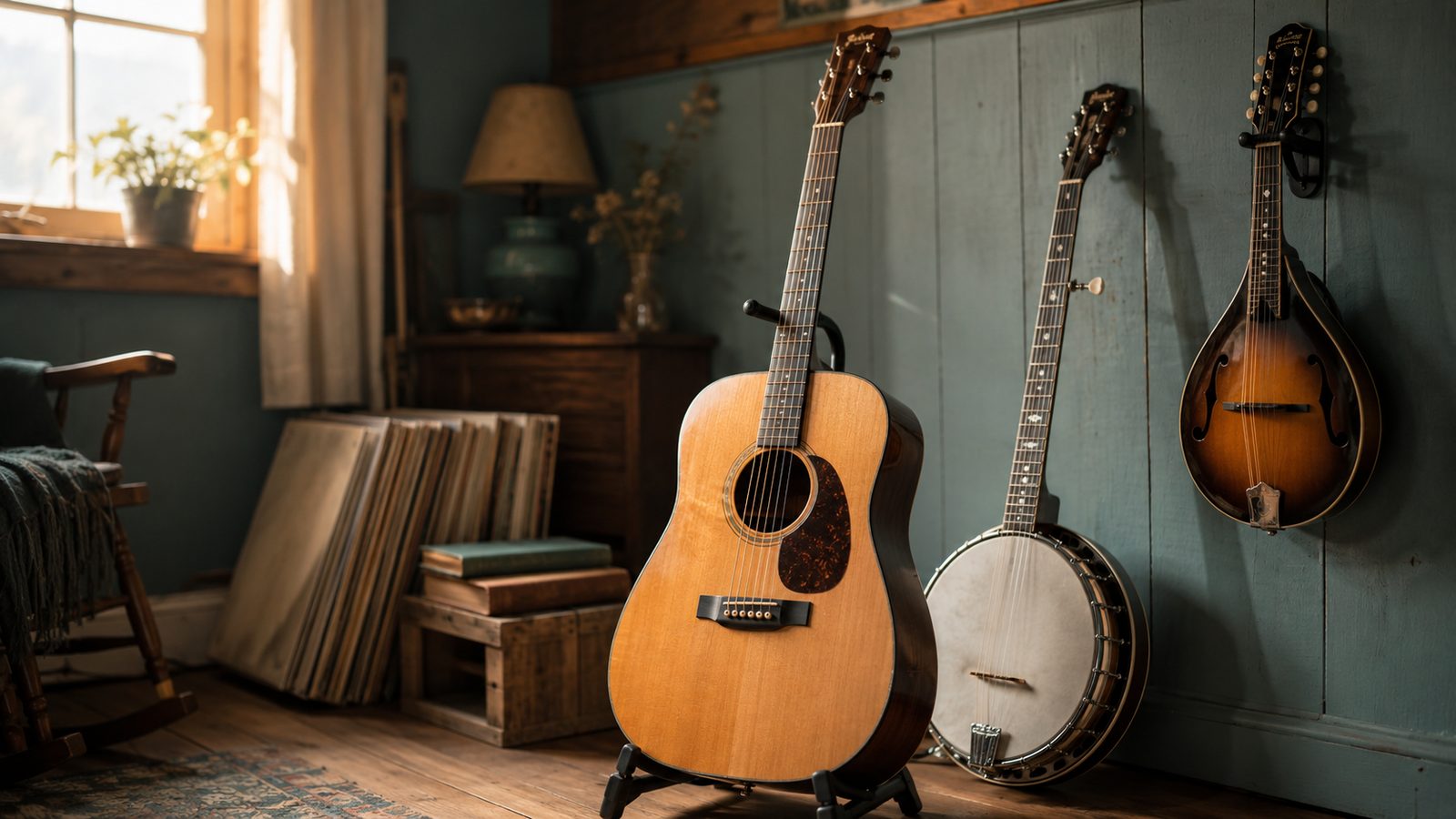 A warm home music corner with an acoustic dreadnought guitar on a stand, a five-string banjo leaning against the wall, a mandolin on a wall hook, and