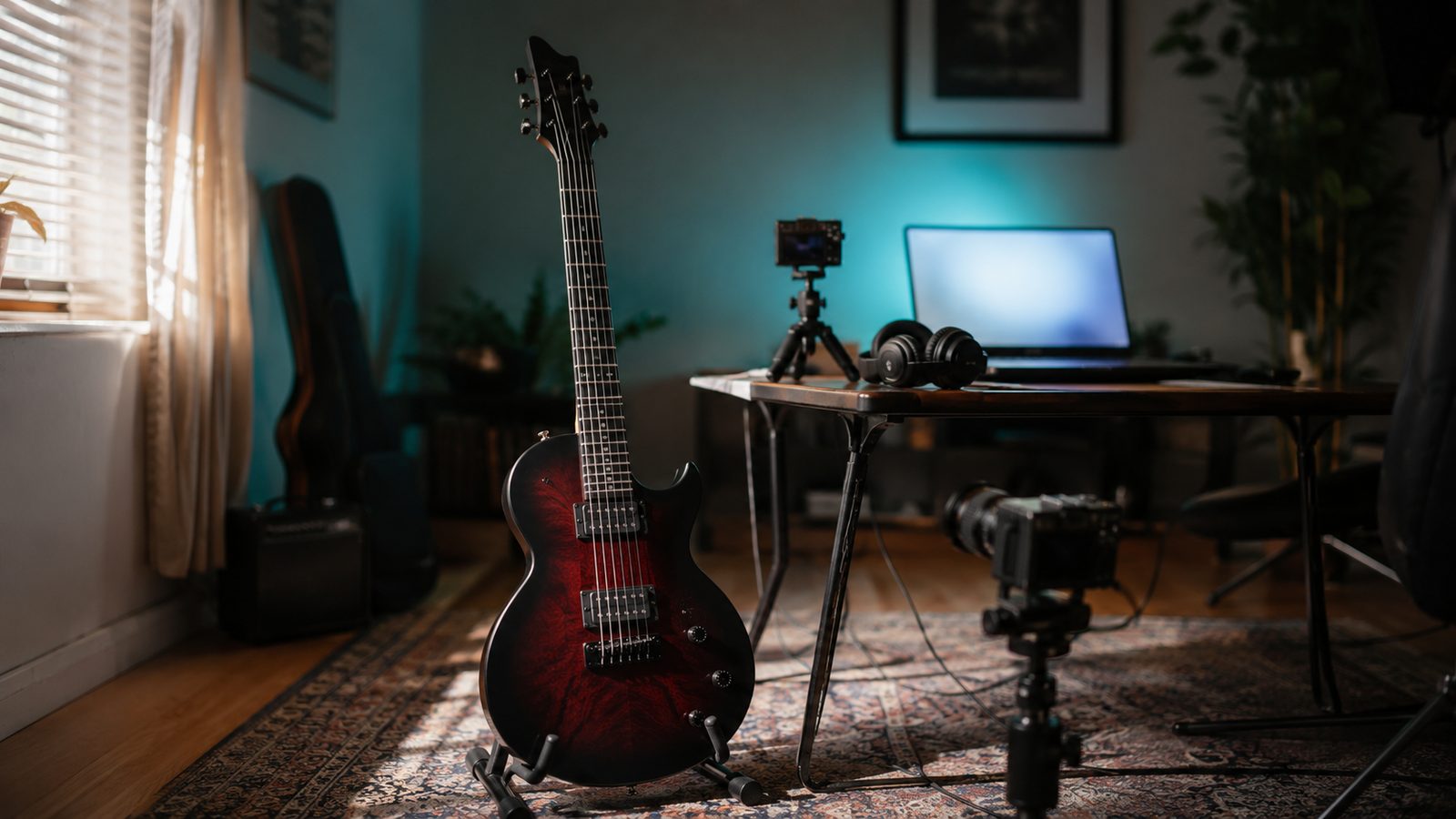 A dark metal-style electric guitar on a stand in a home teaching corner, with a laptop and two small cameras on tripods aimed at it in warm window light