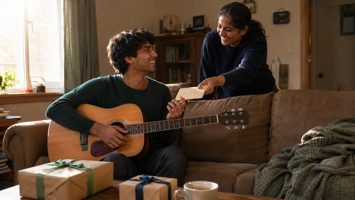Young man with an acoustic guitar on his lap laughs as his sister hands him a small gift envelope