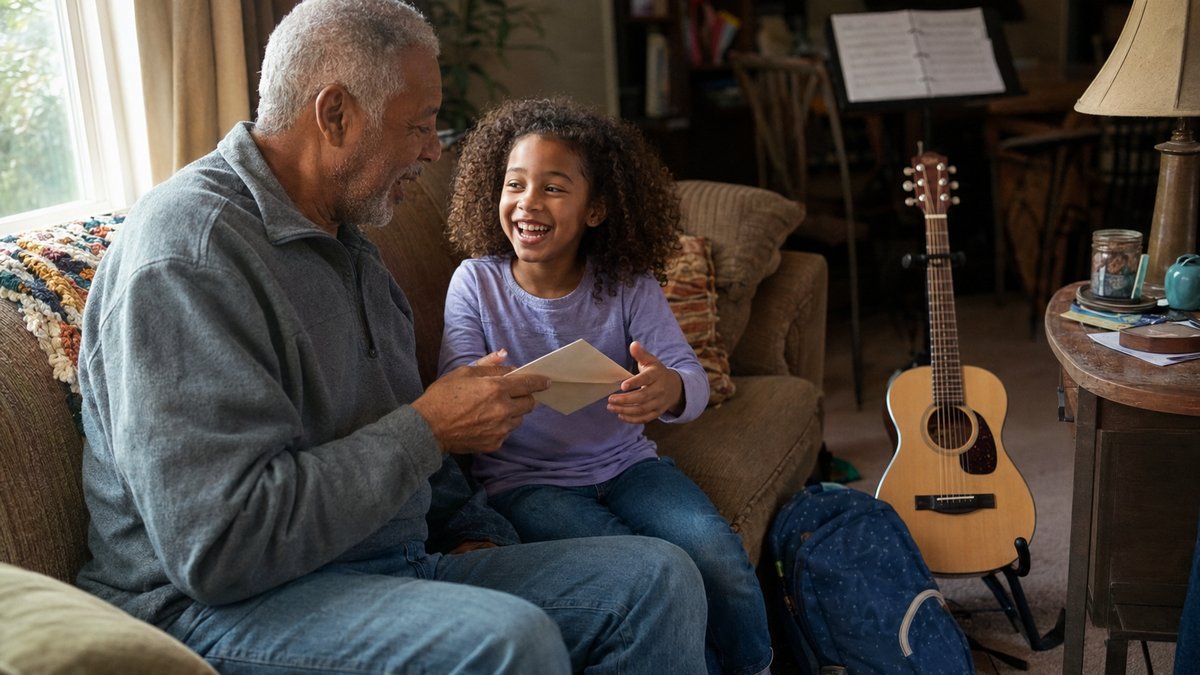 Grandfather handing his young granddaughter a gift envelope beside her guitar and music stand