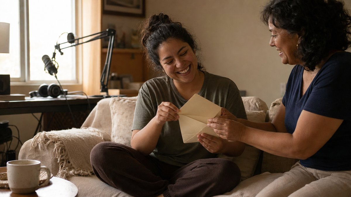 Young woman on a couch laughing as she opens a gift envelope, microphone stand in background