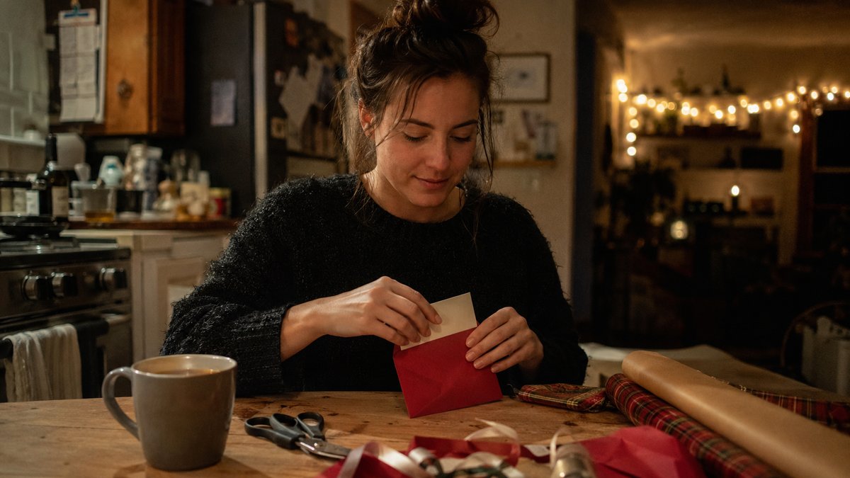Woman at a kitchen table slips a printed gift card into a red envelope beside wrapping paper