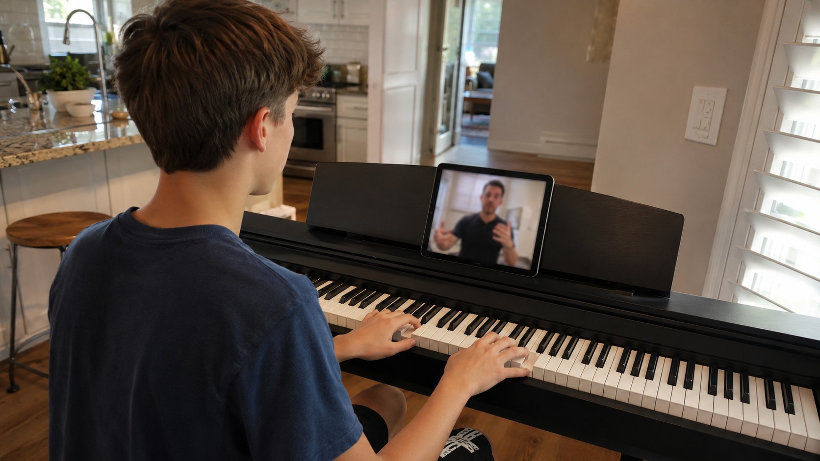 Teen practicing piano with an online teacher on a tablet