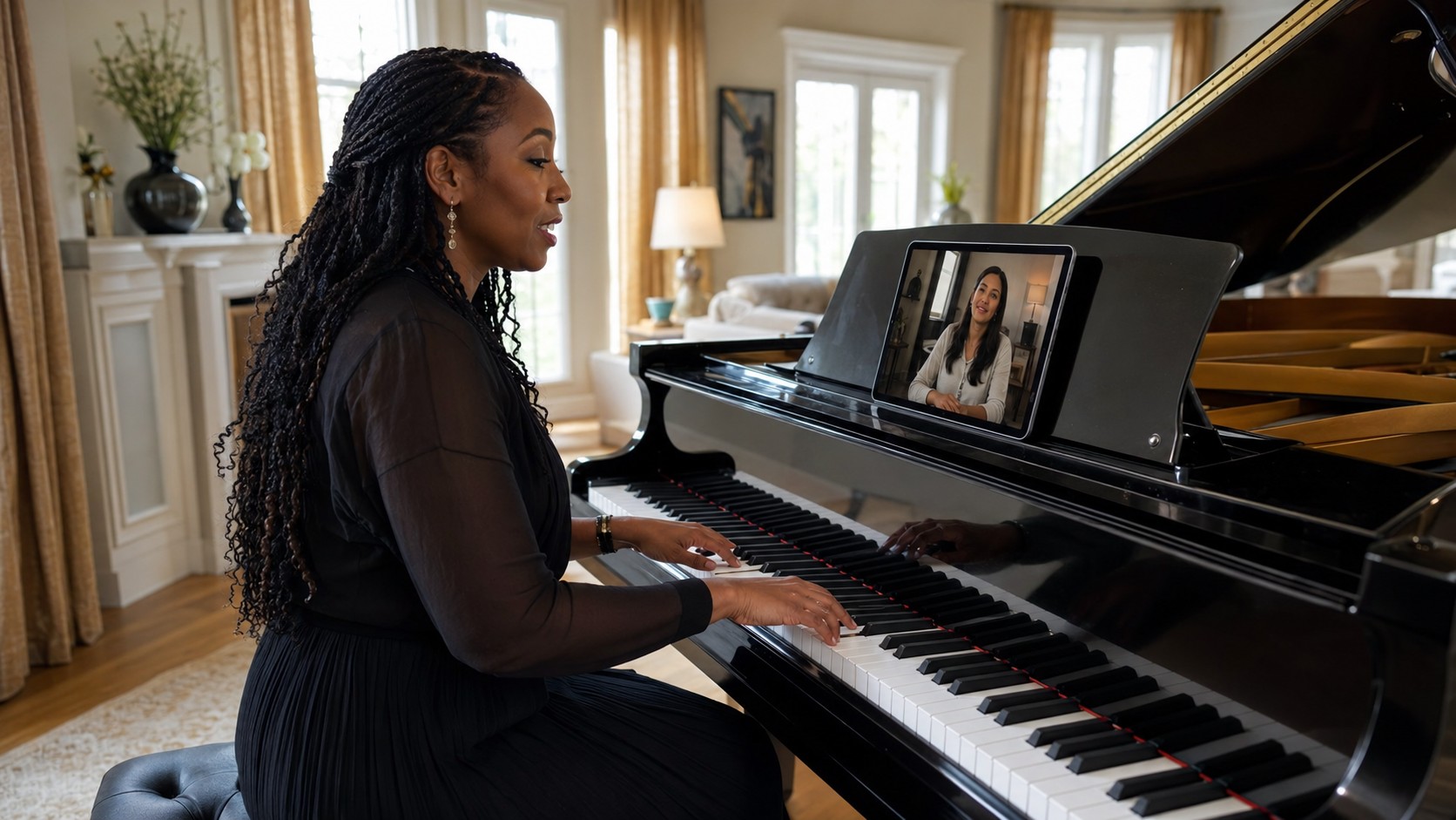 Piano teacher giving an online lesson from a grand piano