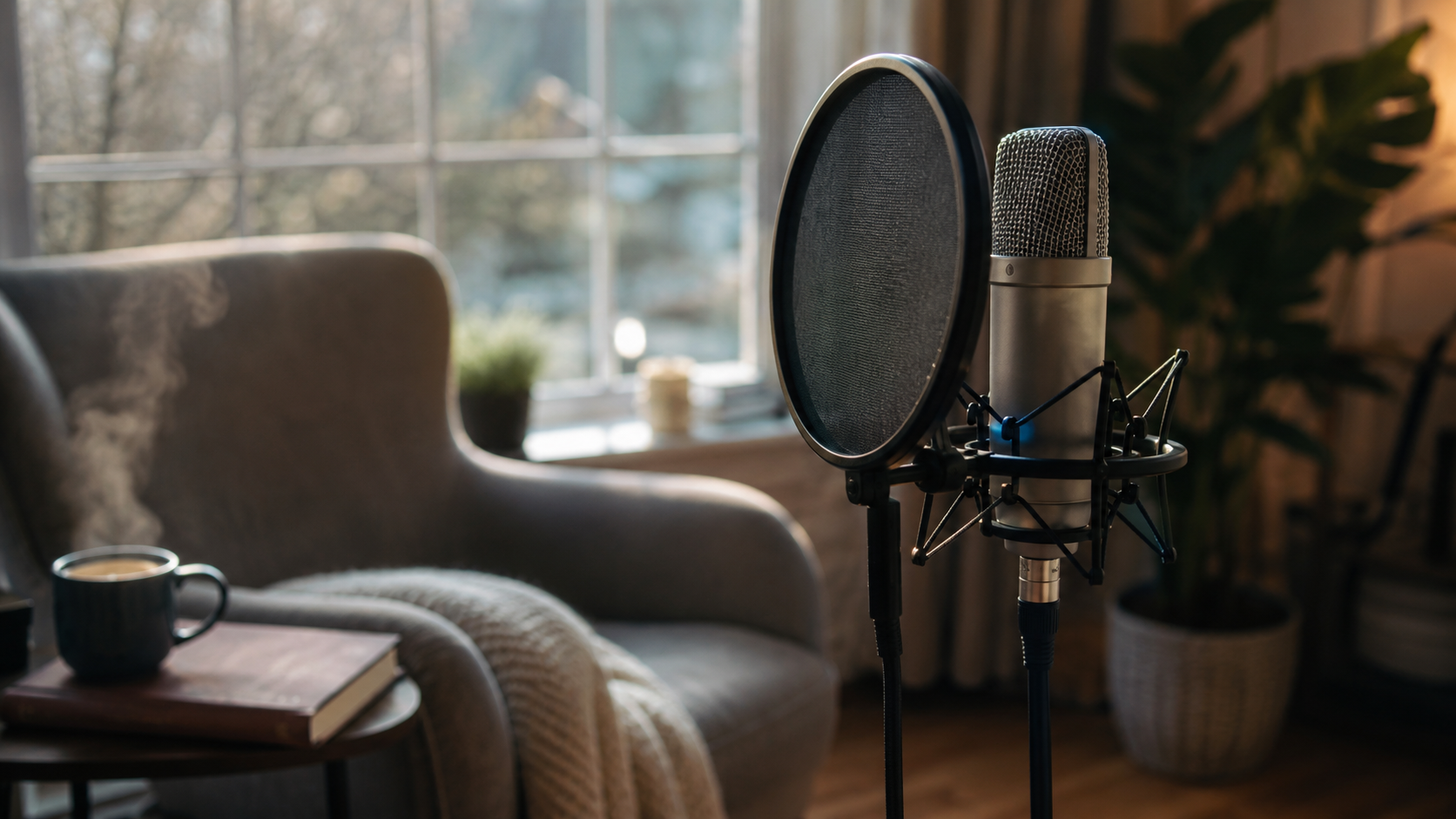 A cozy at-home voice corner with a vocal microphone on a stand beside a comfortable armchair with a knit throw, a warm mug, and soft daylight from a l