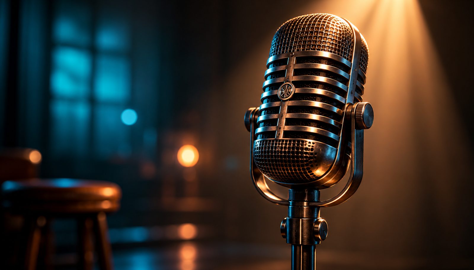 A vocal microphone on a stand lit by a warm, soft spotlight in an intimate, darkened room