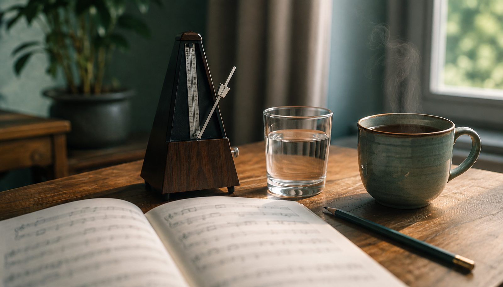 A warm flat-lay of open sheet music, a wind-up metronome, a glass of water, and a steaming mug of tea on a wooden table