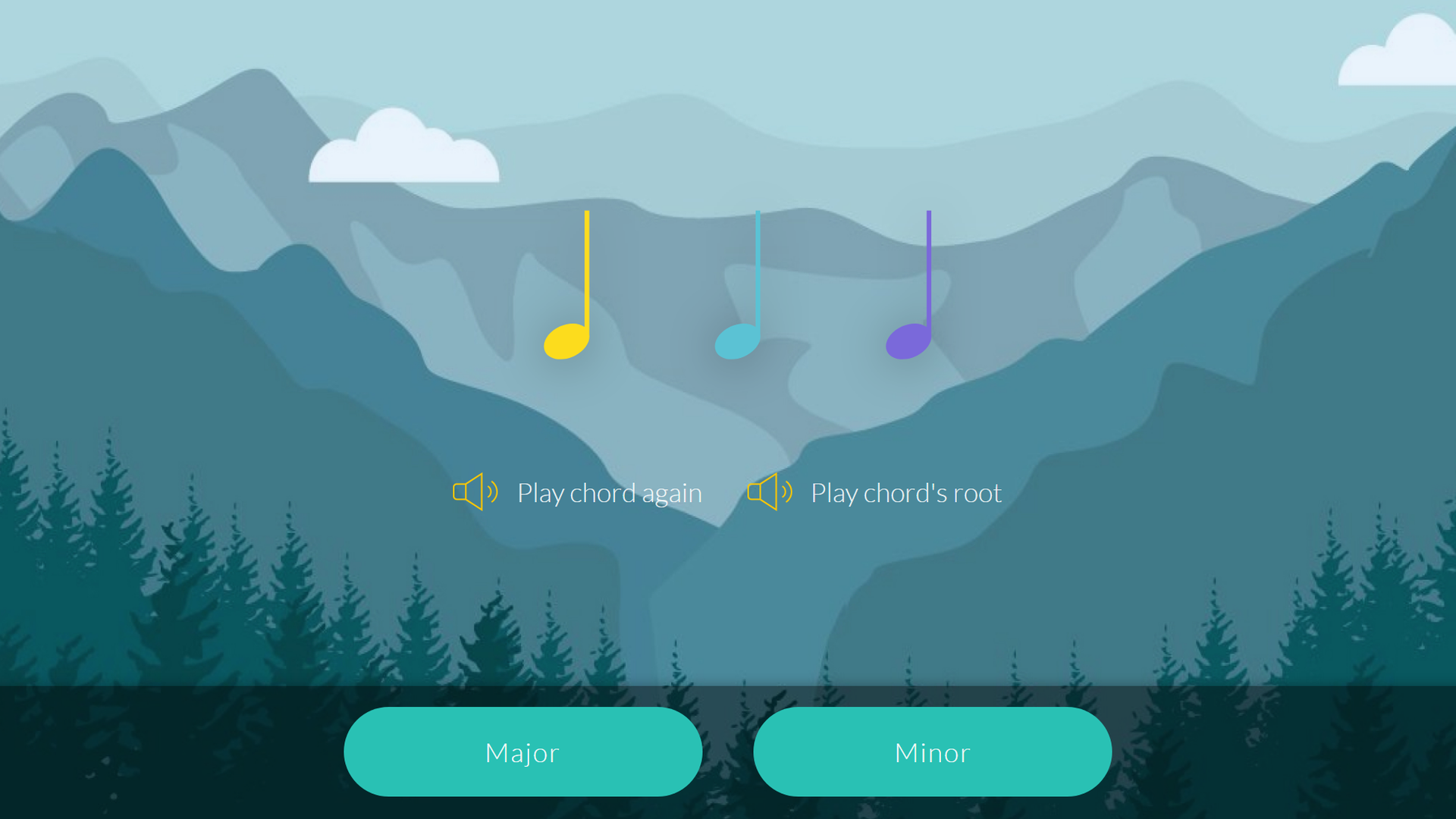 Tunelark chord ear training game over a mountain landscape with Major and Minor answer buttons.