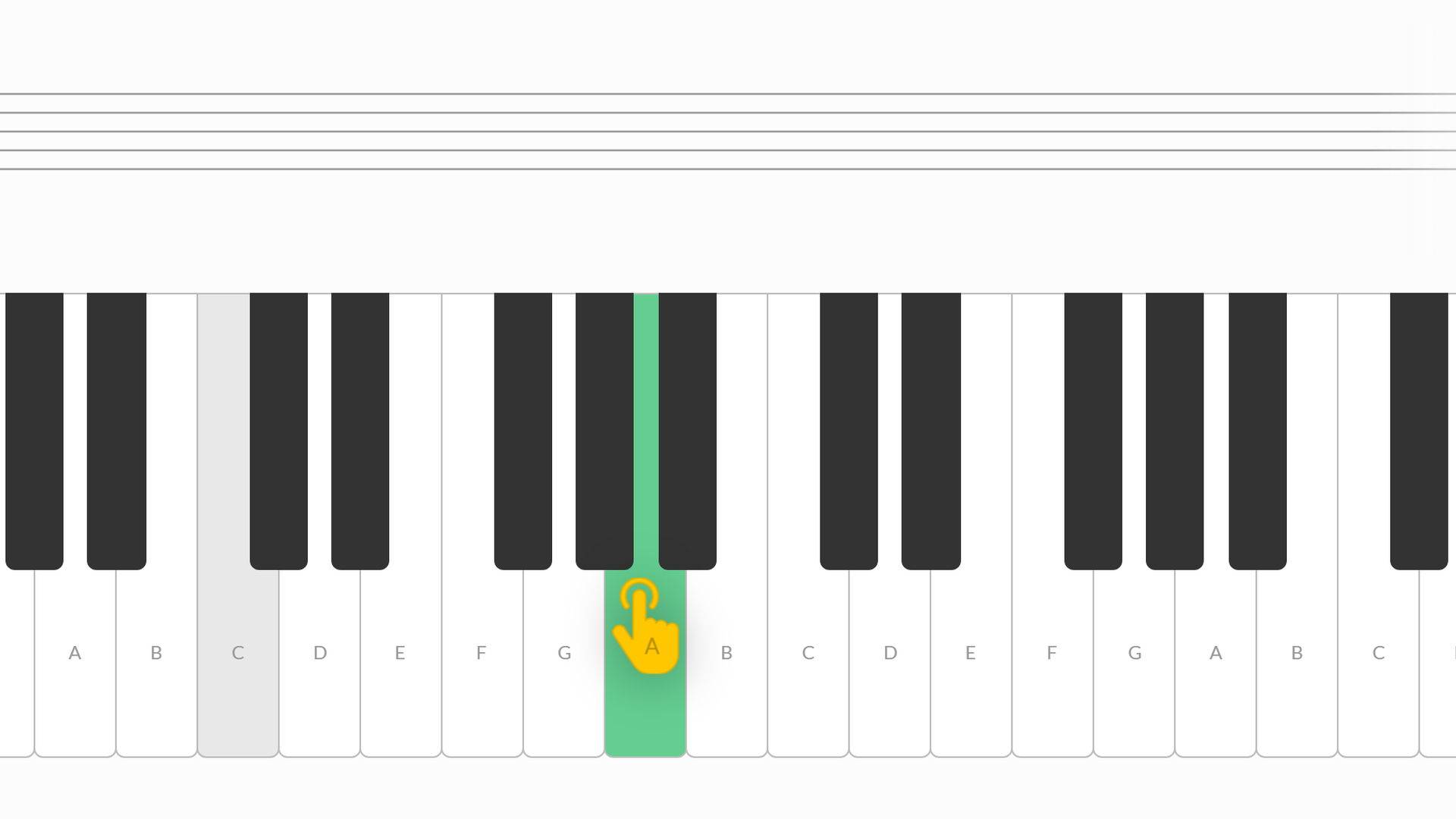 Tunelark treble clef note reading game with a hint highlighting the A key on an on-screen piano keyboard.