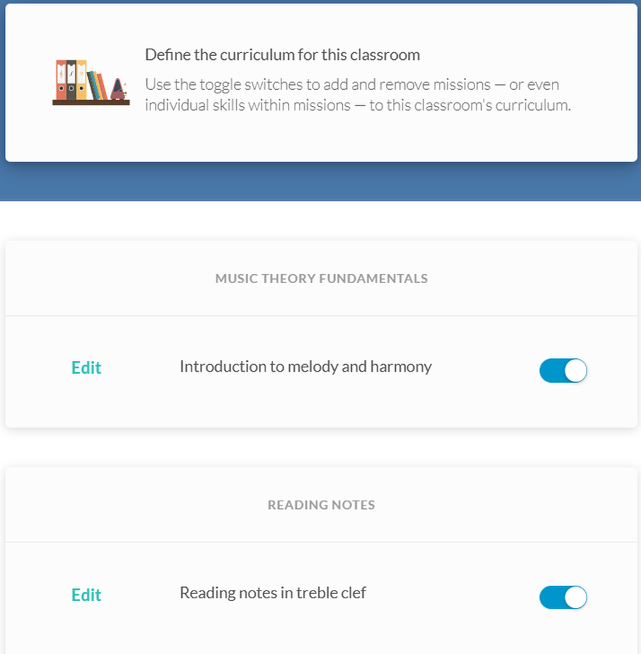 Tunelark teacher curriculum editor with toggle switches for music theory fundamentals and note reading missions