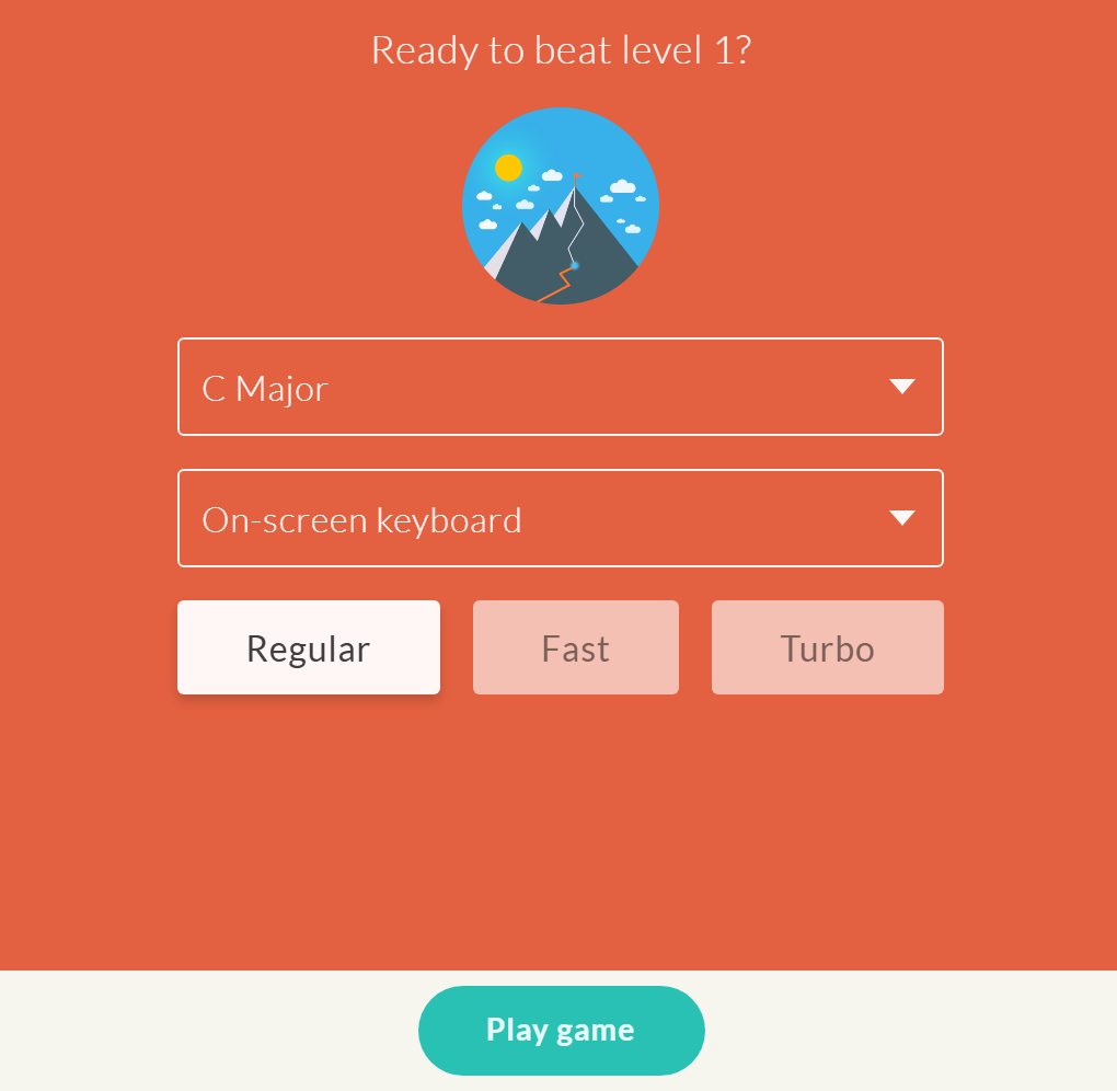 Tunelark game level screen with a key selector, an input option menu, and Regular, Fast, and Turbo speed choices