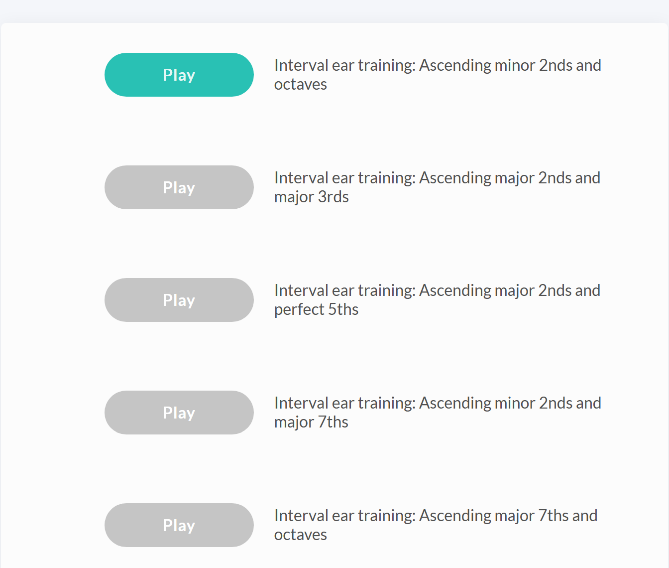 Tunelark interval ear training skill list with a Play button for each skill