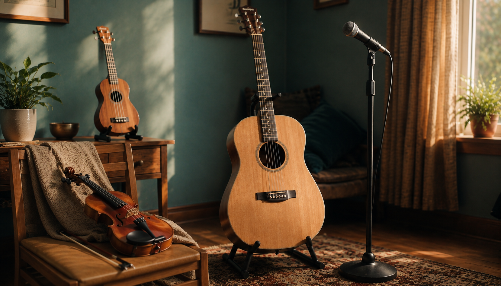 A warm home music corner offering a choice of instruments: an acoustic guitar on a stand, a ukulele, a violin with its bow, and a vocal microphone, in