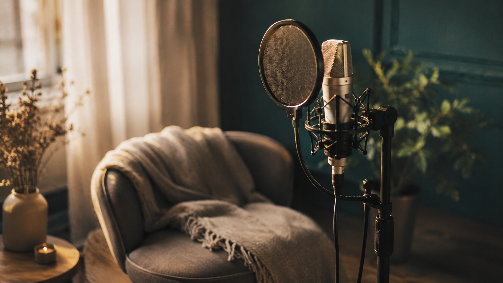 A vocal microphone on a stand in front of a single comfortable empty stool with a soft throw, in warm, gentle, low-pressure light.